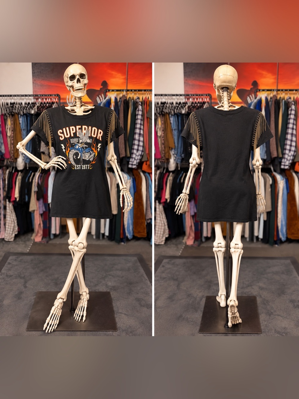 Black 'Superior' Graphic Tee Dress with Fringe Sleeve Detail - Women's Casual